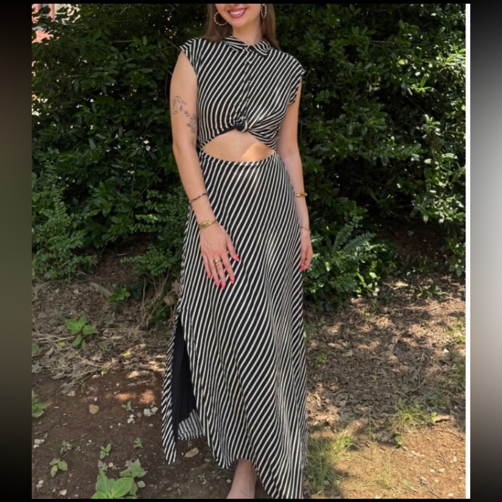 a.ren Adrien Rae Dress Women's Size L Black Beige Stripe Sleeveless CutOut Maxi